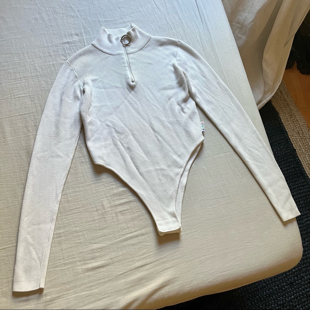 Unif off white rib knit mock neck 1/4 zip long sleeve bodysuit